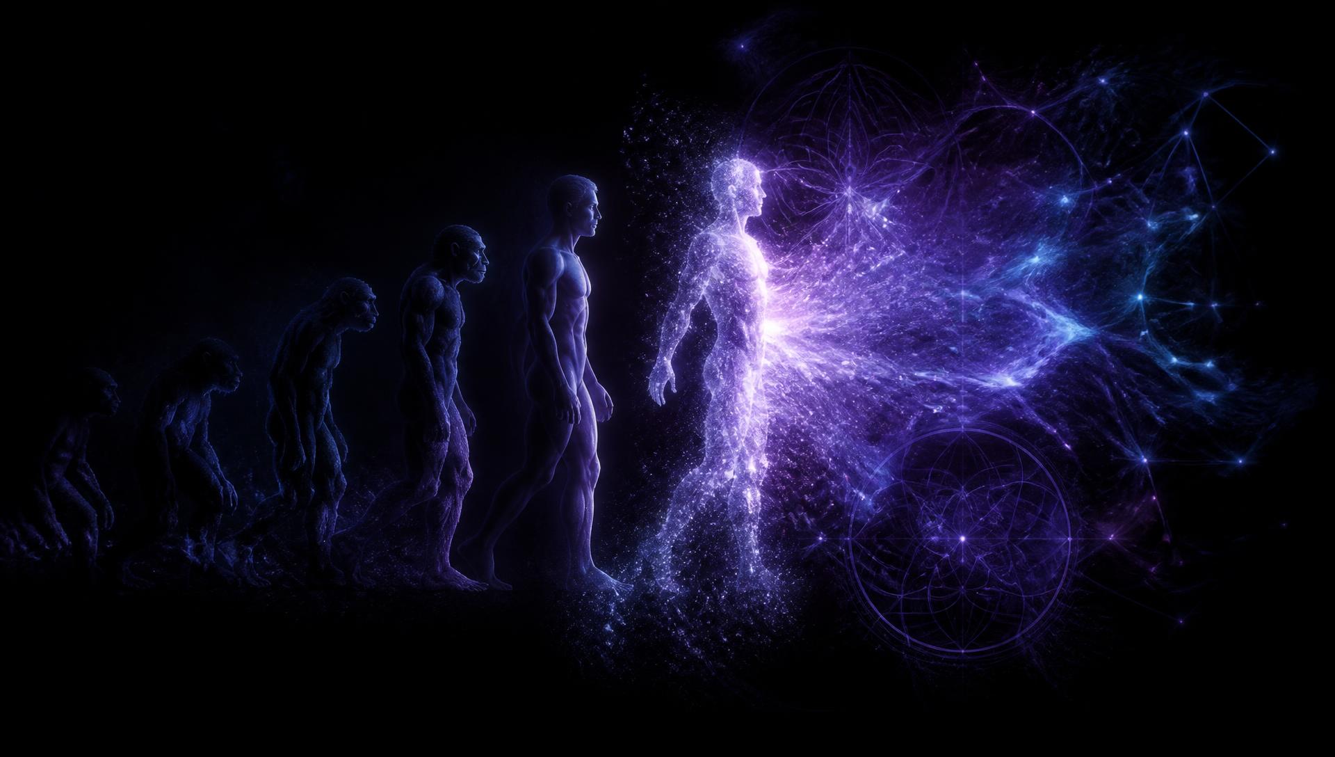 Abstract artwork showing human evolution dissolving into a luminous field of intelligence